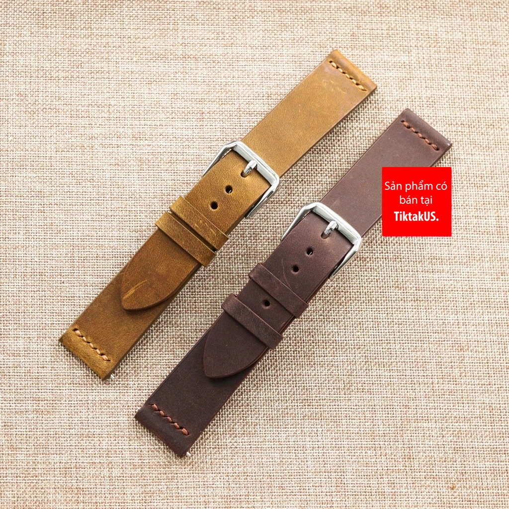 Dây đồng hồ da bò sáp Vintage handmade kèm sẵn khóa size 18-19-20-21-22mm tặng…
