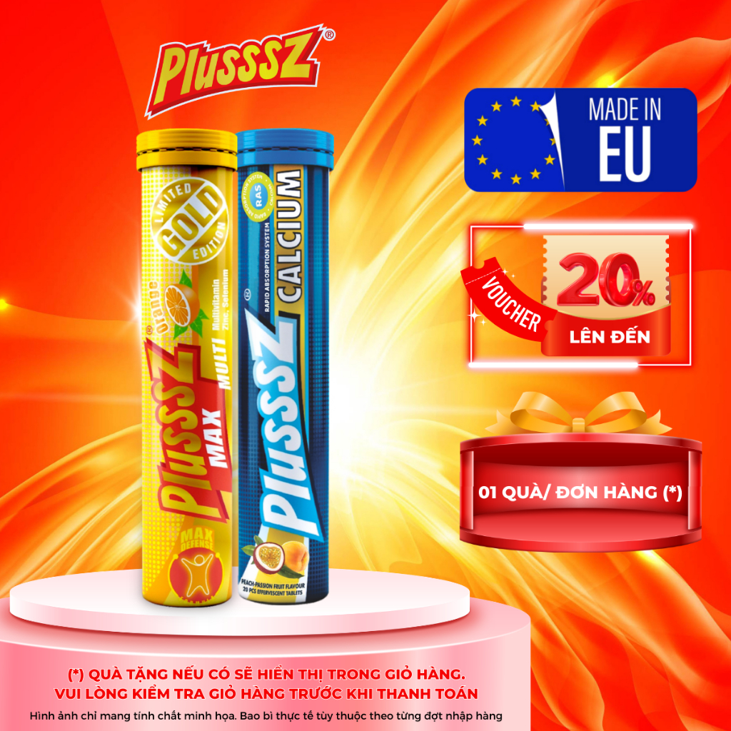 (COMBO 2 TUÝP X 20 VIÊN) Plusssz Max Multivitamin vị Cam + PLUSSSZ CALCIUM - Hương Đào, Chanh Leo - 
