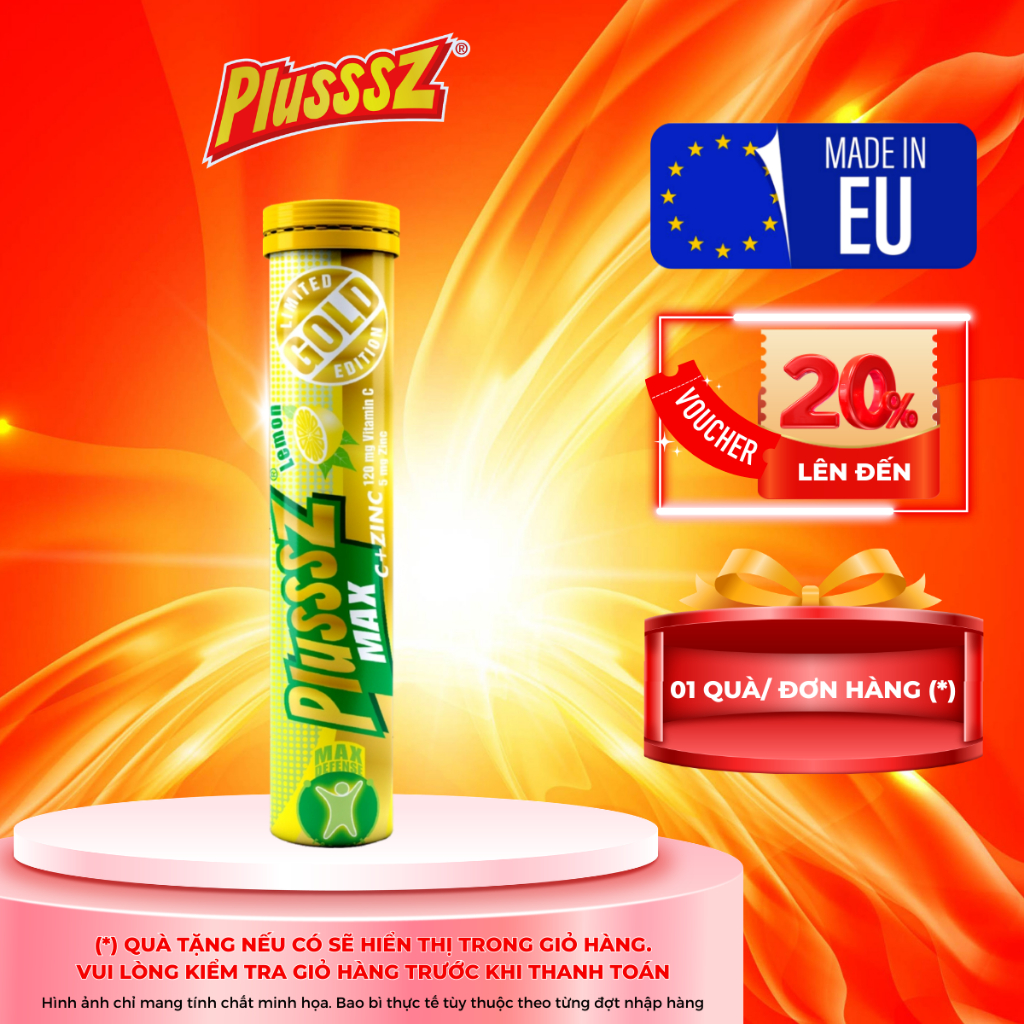 Viên sủi Plusssz Max Vitamin C & ZinC (Kẽm) vị chanh không đường tăng đề kháng