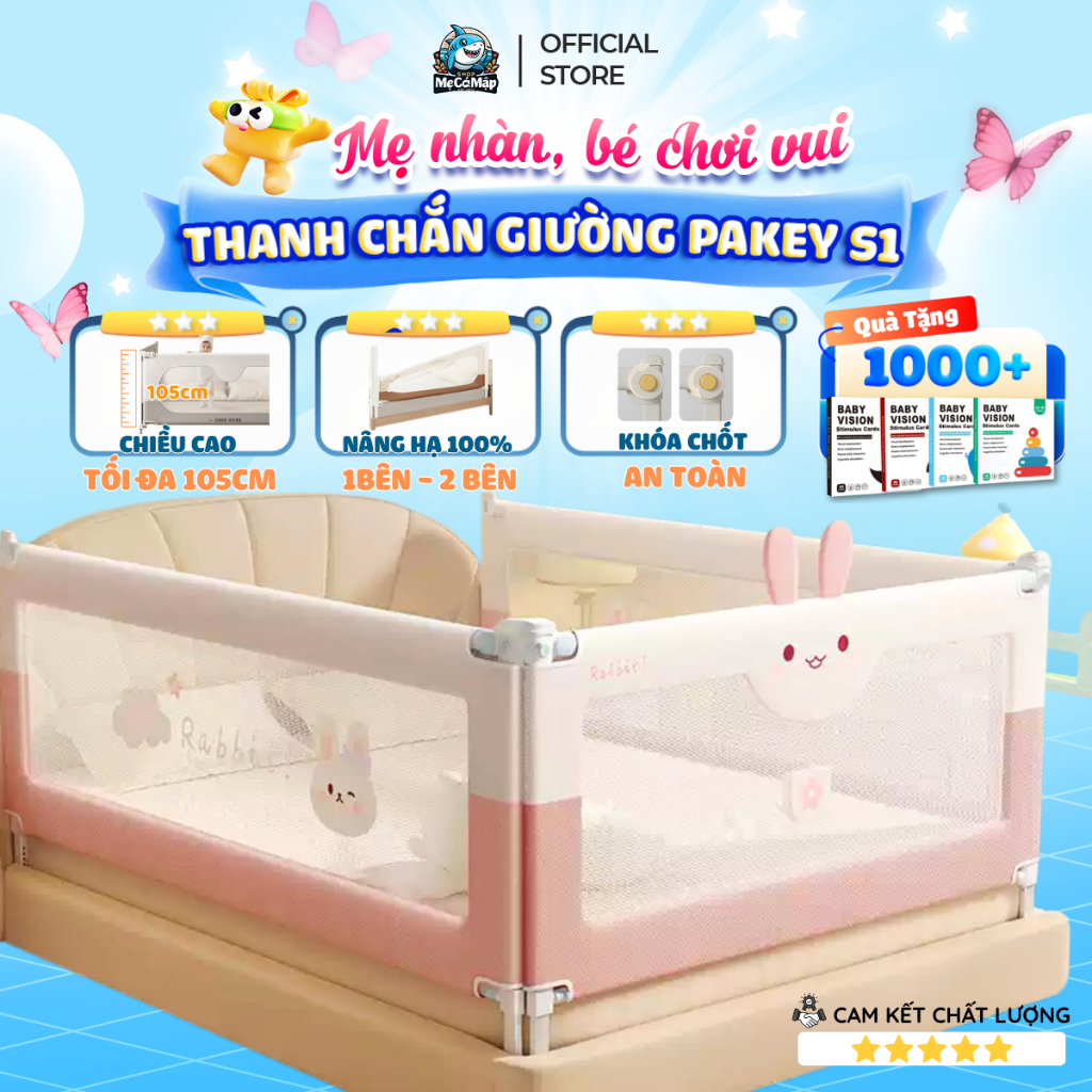 [Mẫu Mới 2026] Thanh Chắn Giường Pakey Cải Tiến Nâng Hạ Dễ Dàng Chiều Cao Tối Đa 105cm, Khóa Chốt An Toàn - S1