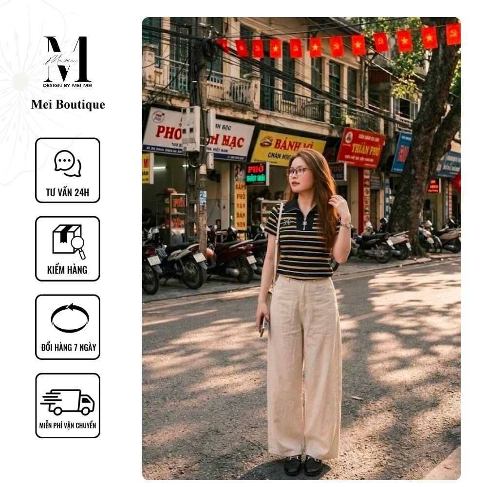 Set Đồ Nữ MeiMei Áo Thun Polo Nữ Kẻ Ngang Phối Quần Ống Rộng Thời Trang ST25519 Ver2