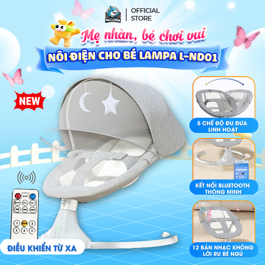 Nôi Điện Cho Bé LAMPA, Nôi Điện Đưa Tự Động Có Điều Khiển Từ Xa, Tựa Lưng Điều Chỉnh 3 Tư Thế Cho Bé