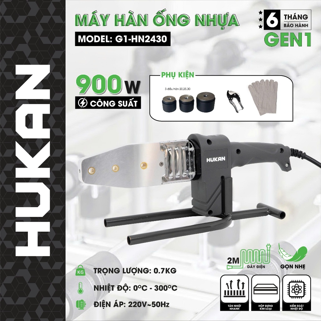 Máy hàn ống nhựa nhiệt HUKAN G1-HN2430, Công suất 900w, Nhiệt độ 0-300 độ C, Kèm 3 đầu hàn 20/25/30