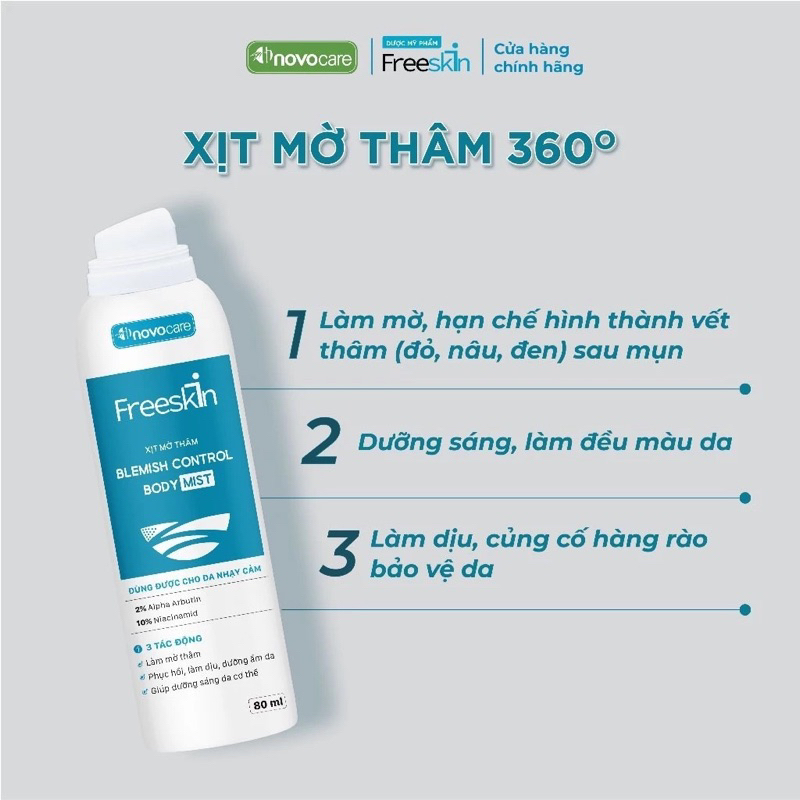 Xịt mờ thâm mụn lưng Freeskin Novocare mờ thâm mụn lưng ngực mông body, sáng da  Xịt mờ thâm Freeski