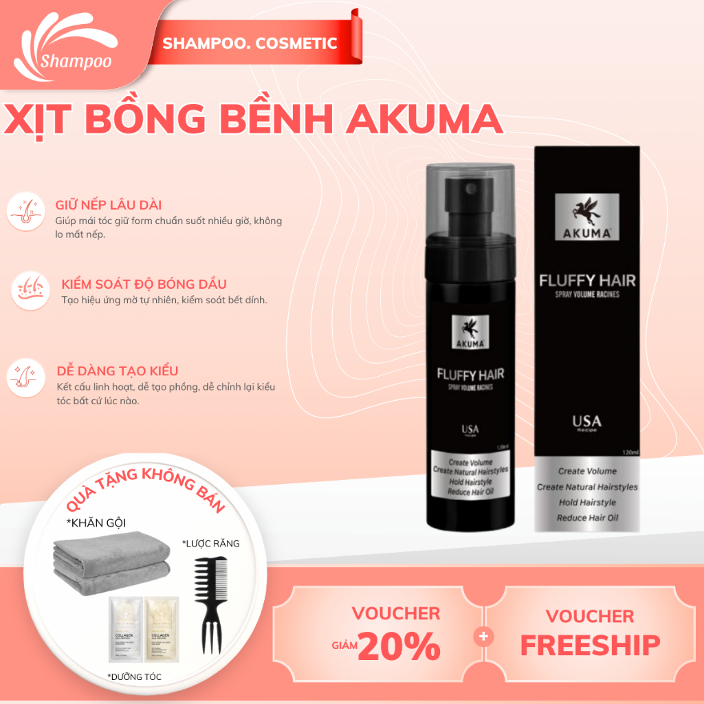Xịt bồng bềnh AKUMA FLUFFY HAIR 120ml Làm phồng tóc, kiềm dầu ngăn ngừa bết tóc,