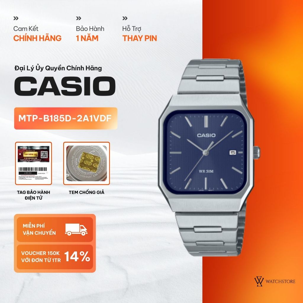 Đồng Hồ Nam Casio MTP-B185D-2A1VDF Màu Xanh Dây Kim Loại Không Gỉ Mặt Kính Khoáng 40x32.5mm Kháng Nư