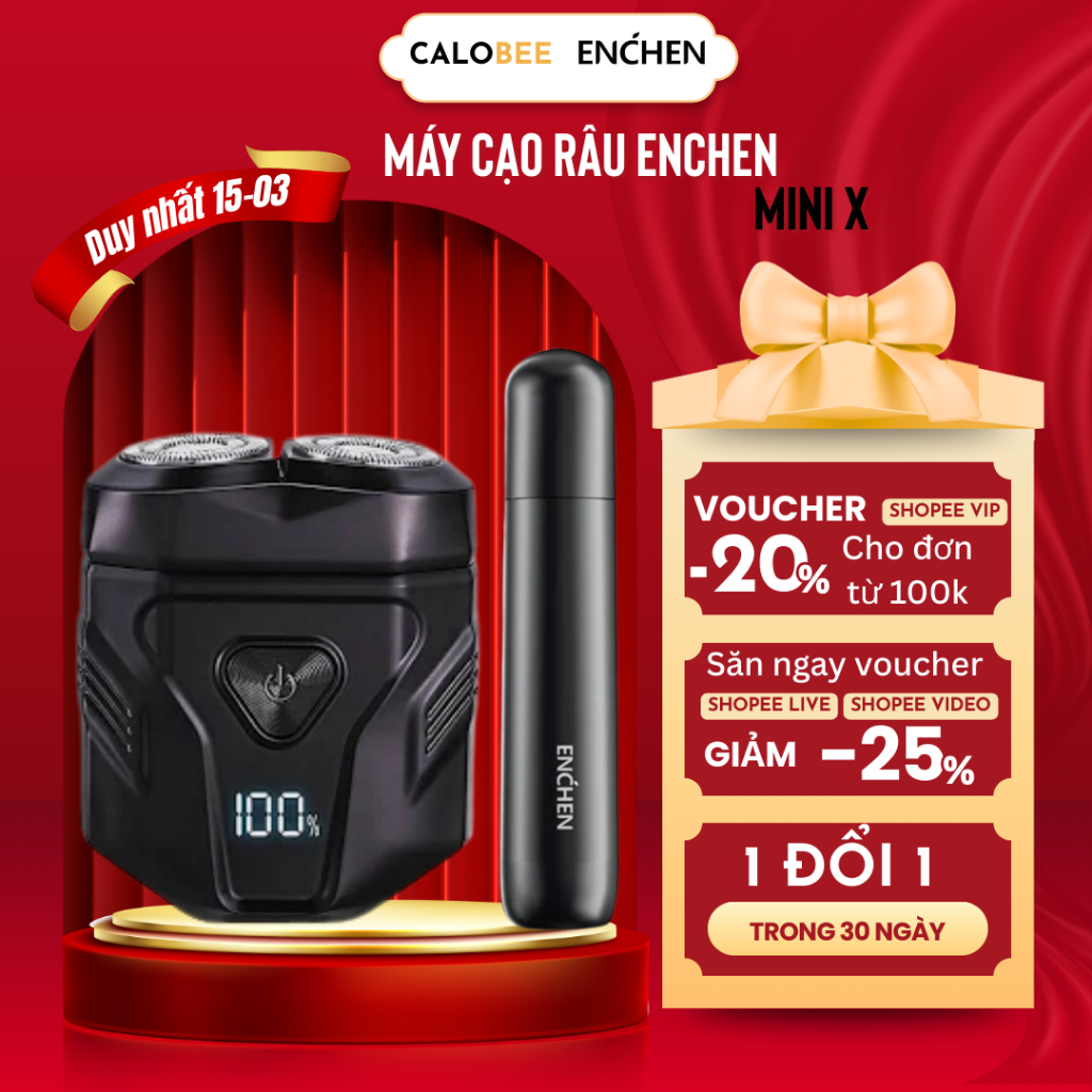 Máy cạo râu enchen, Máy caọ râu enchen mini x đầu cạo 3D chống nước IPX7 pin trâu an toàn bảo hành 1