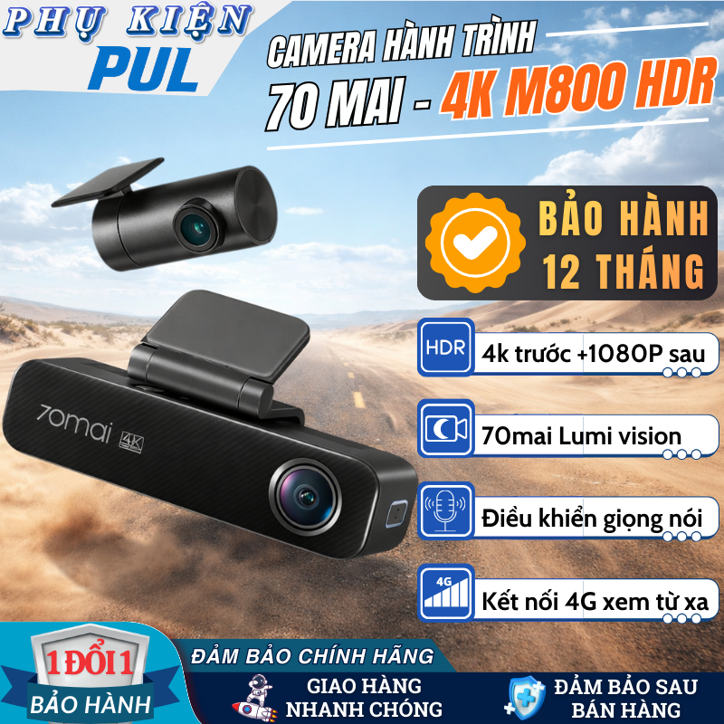 Camera Hành Trình Ô Tô 4K 70mai M800 HDR Sony IMX415, GPS ADAS, Wifi, Ghi Hình Siêu Nét Ban Đêm