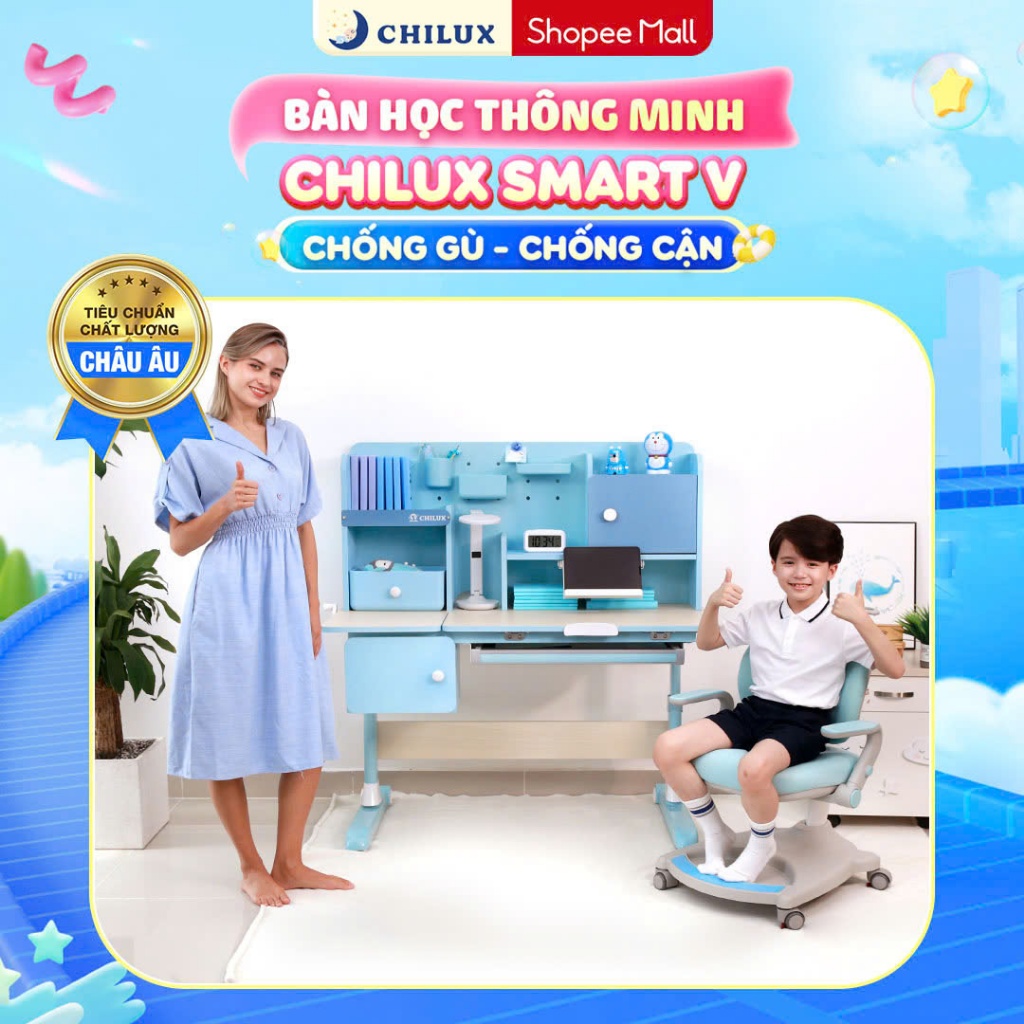 Bàn học cho bé thông minh Chilux Smart V cao cấp, chống gù, chống cận, đồng hồ báo giờ.