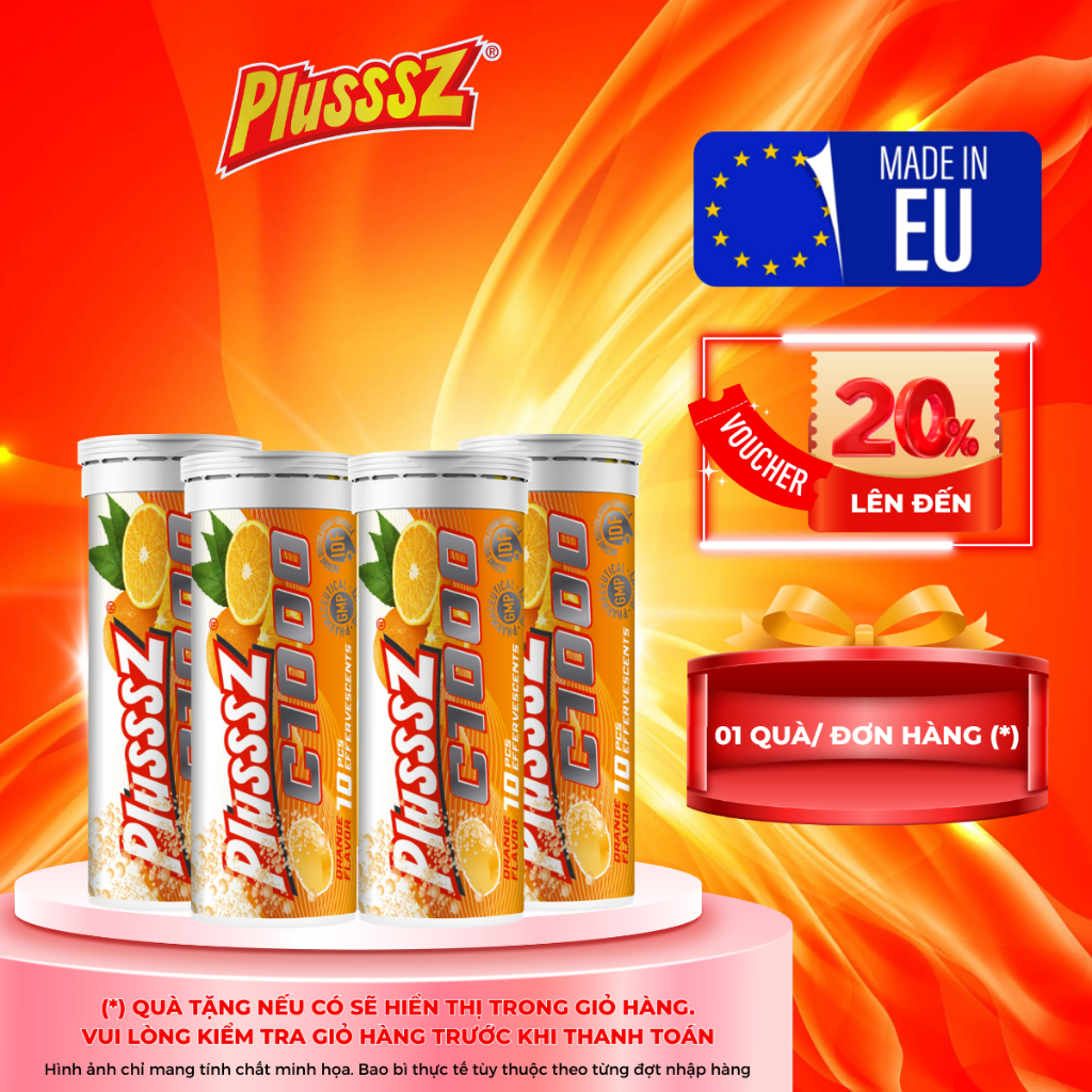 {COMBO 4 TUÝP X10 viên sủi 4g} PLUSSSZ C1000 vị cam không đường - Nhập khẩu chính hãng