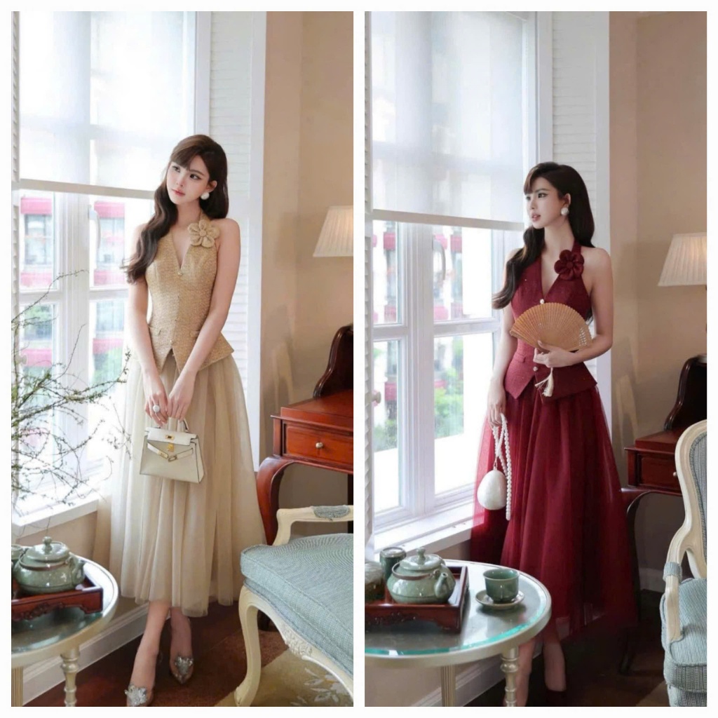 Set váy dài - Set váy nữ, chất dạ ánh kim áo gile cổ yếm đính hoa khóa kéo nắp túi phối chân váy lướ