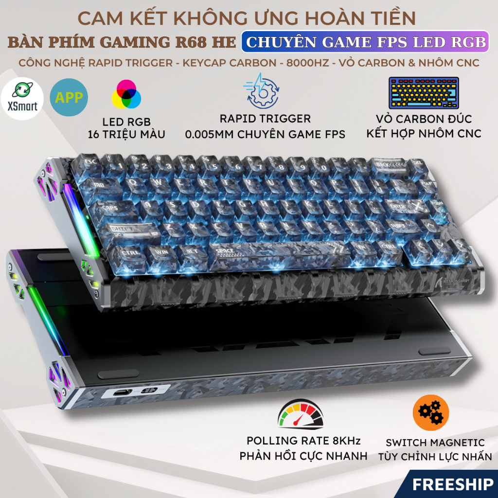 Bàn Phím Gaming Attack Shark R68 HE Công Nghệ Rapid Trigger Vỏ Forged Carbon 8000Hz Layout 60% | BigBuy360 - bigbuy360.vn