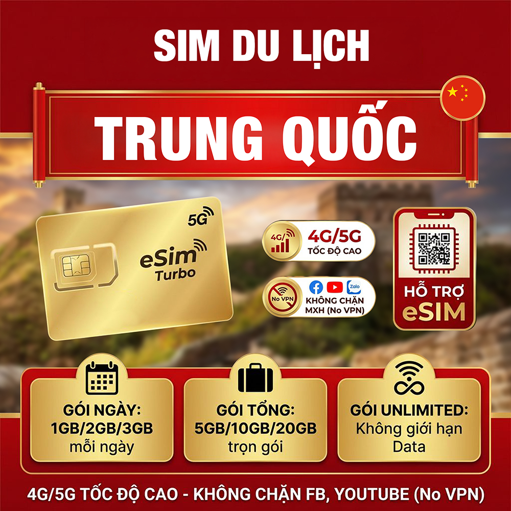 [CÓ ESIM] Esim Turbo Du Lịch Trung Quốc 3 Mạng Unicom Telecom Mobile Gói Dài Ngày, Kích Hoạt Nhanh