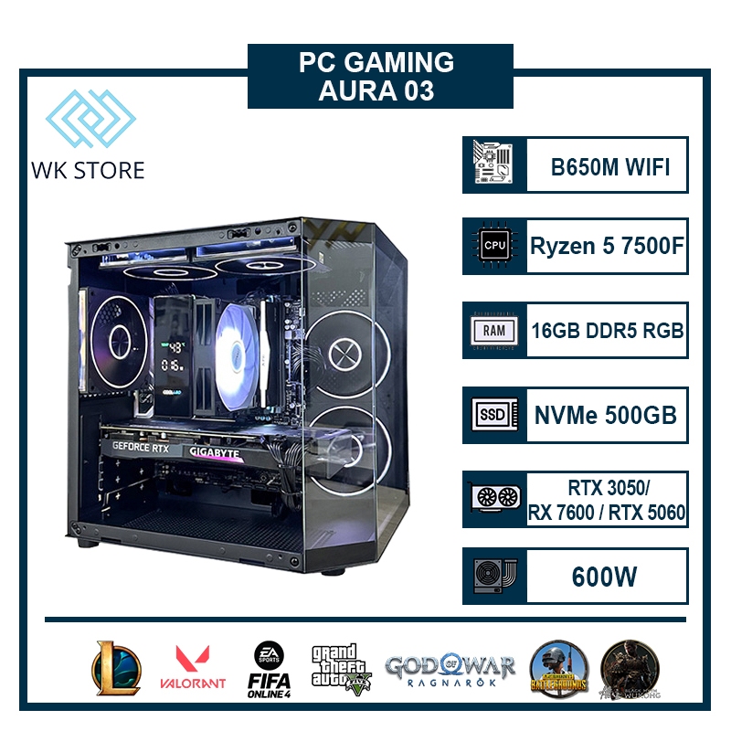 PC AURA 03 Wifi / Bluetooth | Ryzen 5 7500F, 16GB Ram, SSD 500GB | VGA RTX 3050/ RX 7600/ RTX 5060 (