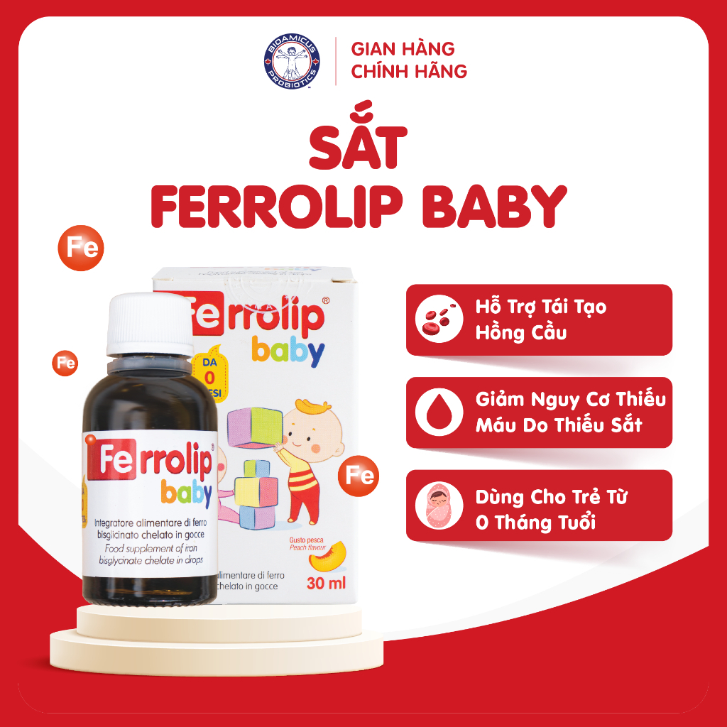 Sắt Ferrolip Baby Cho Trẻ Từ 0 Tháng Tuổi - Sắt Bisglycinate Dễ Hấp Thu, Không Tanh, Vị Đào Dễ Uống.