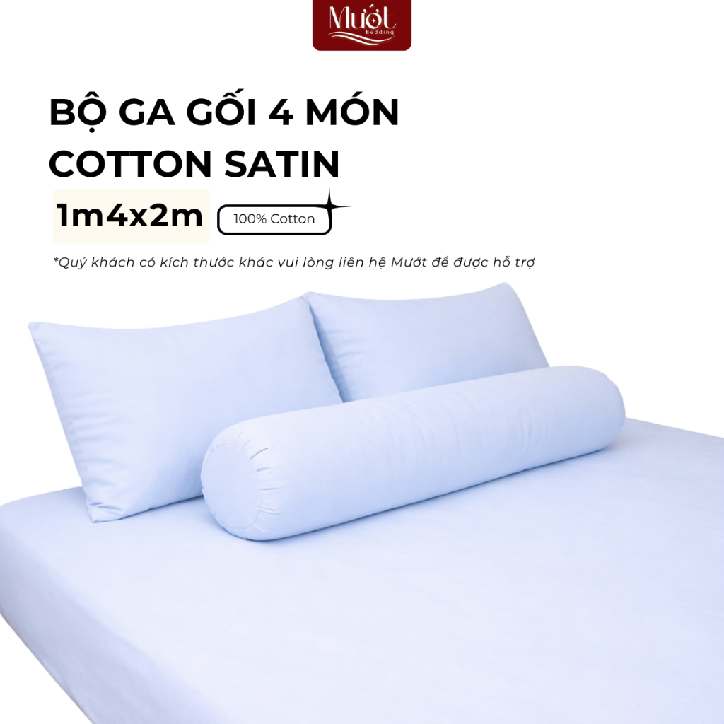 Bộ ga gối 4 món nệm kích thước 1m4x2m Cotton Satin Mướt Bedding cao cấp trơn màu