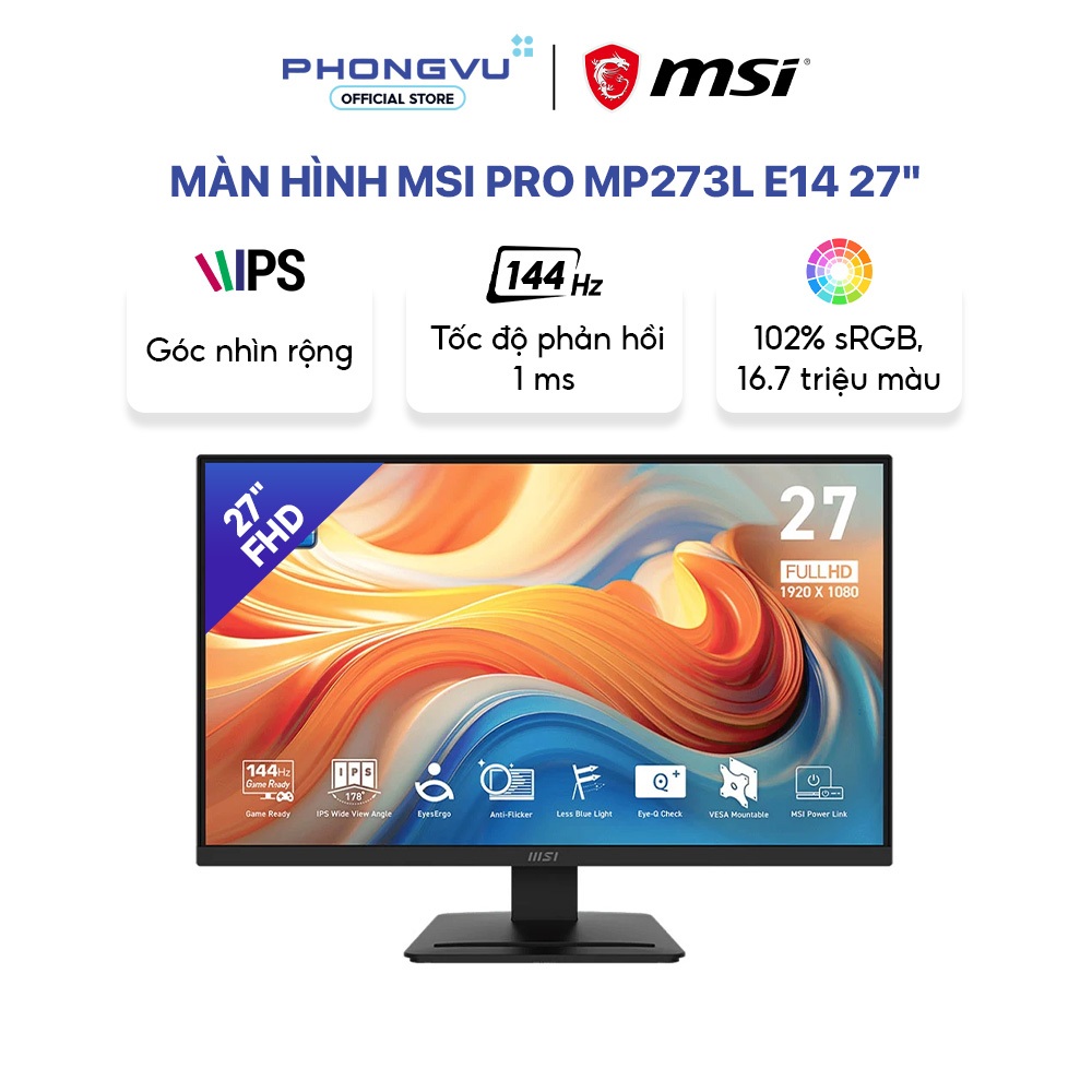 Màn hình MSI PRO MP273L E14 27 inch - FHD 1920 x 1080 - IPS - 144Hz - 1ms - Bảo hành 24 tháng | BigBuy360 - bigbuy360.vn