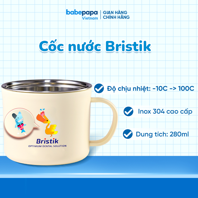 Cốc uống nước cho bé Bristik, cốc inox chịu nhiệt 304 cao cấp, cốc đánh răng dung tích 280ml