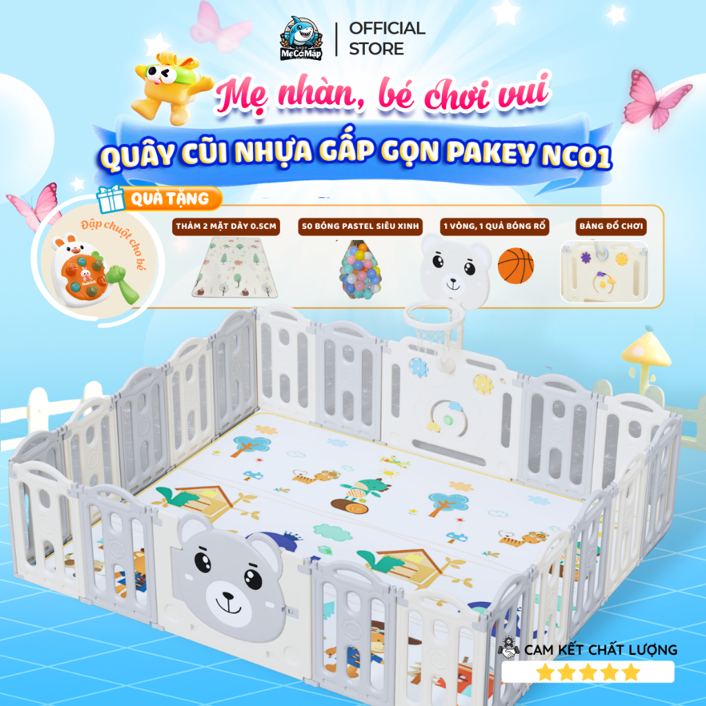 Quây Gấp Gọn Pakey Gấu NC01 Dày Dặn TẶNG BÓNG+THẢM+SET BÓNG RỔ+NÉM VÒNG, Quây Cho Bé Màu Sắc Sang Tr