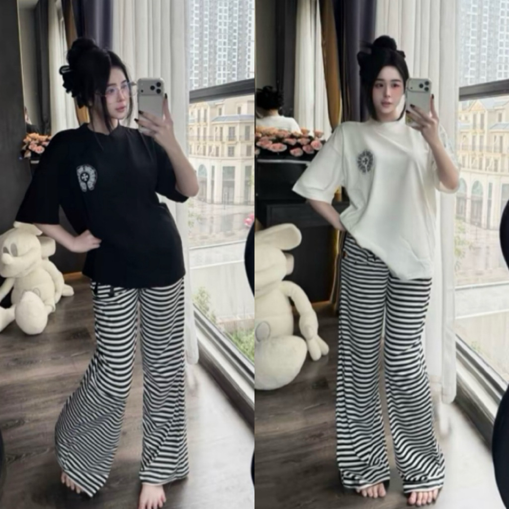 Set Bộ Nữ , Set Bộ Thun Cotton Quần Kẻ Hình Chữ Thập