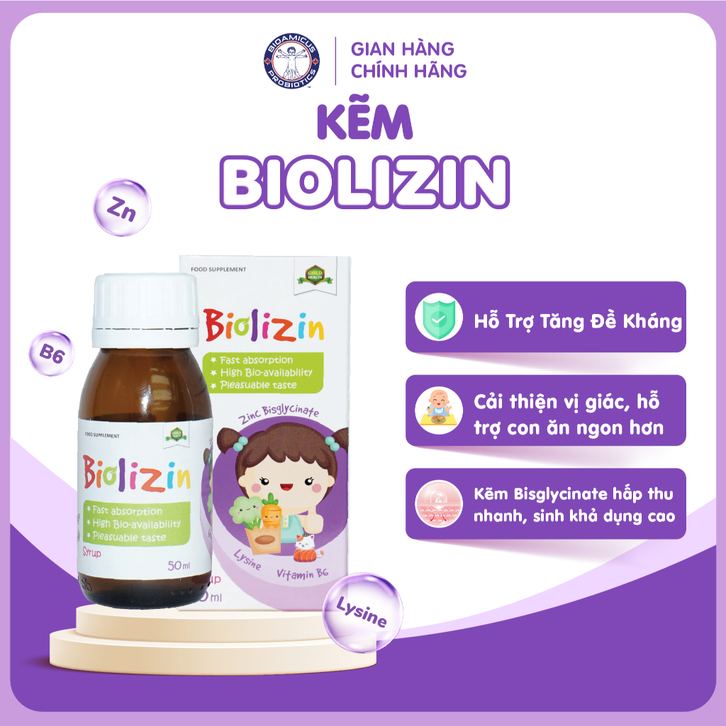 Kẽm Biolizin Cho Bé 50ml - Hỗ Trợ Bé Tăng Đề Kháng, Ăn Ngon, Bổ Sung Kẽm Lysine B6, Vị Đào Dễ Uống.