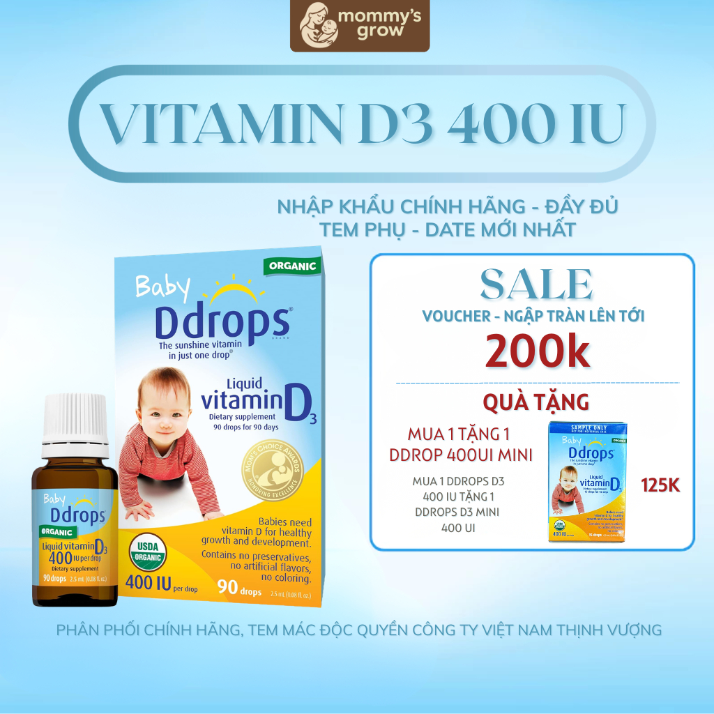Vitamin D3 Baby Ddrops 400 IU 90 giọt Canada bổ sung vitamin d3 hỗ trợ phát triển cho bé