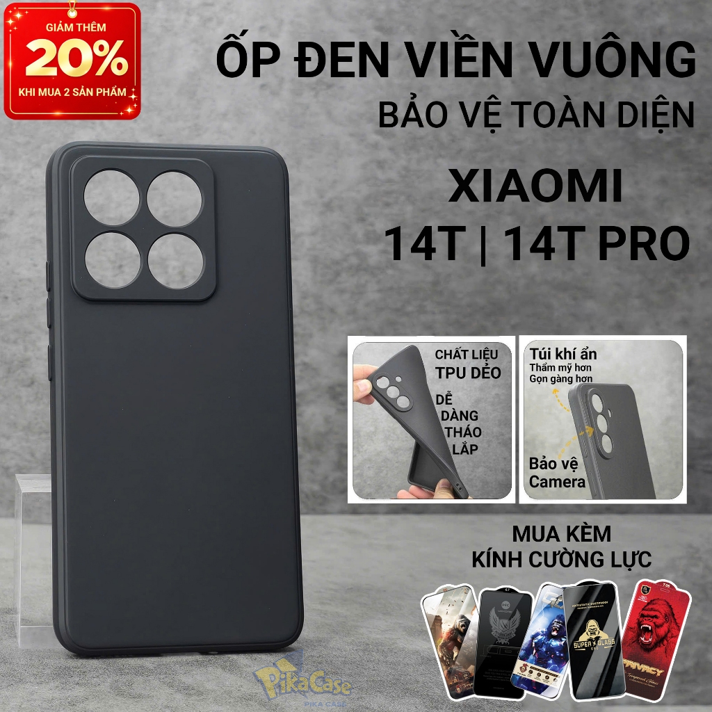 Ốp lưng Xiaomi 14T, 14T Pro 5G Pikacase trơn màu đen | Ốp điện thoại Xiaomi dẻo bảo vệ camera đt toà