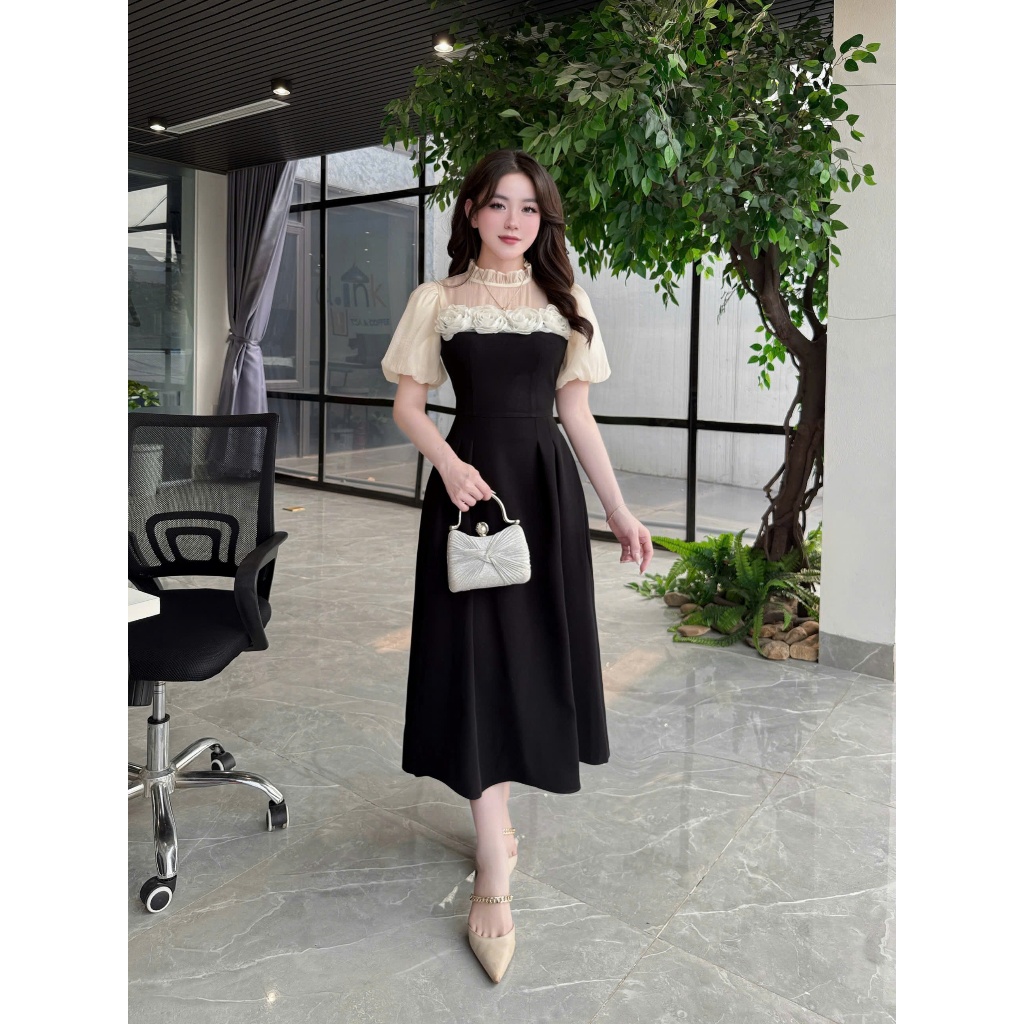 2VK264 - Váy Thiết Kế Eviici cổ bèo phối tơ hoa kết thủ công may liền dáng A xòe dài