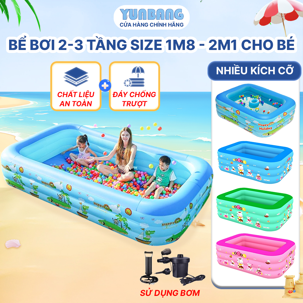 Bể bơi cho bé, Hồ bơi gấp gọn tại nhà 2-3 tầng đáy 2 lớp chống trượt mẫu cao cấp nhiều kích thước