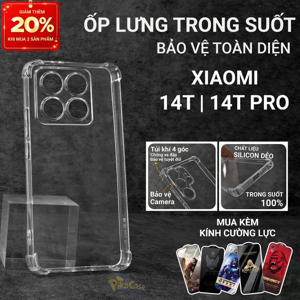 Ốp lưng Xiaomi 14T, 14T Pro 5G Pikacase trơn trong suốt | Ốp điện thoại Xiaomi dẻo bảo vệ camera đt 