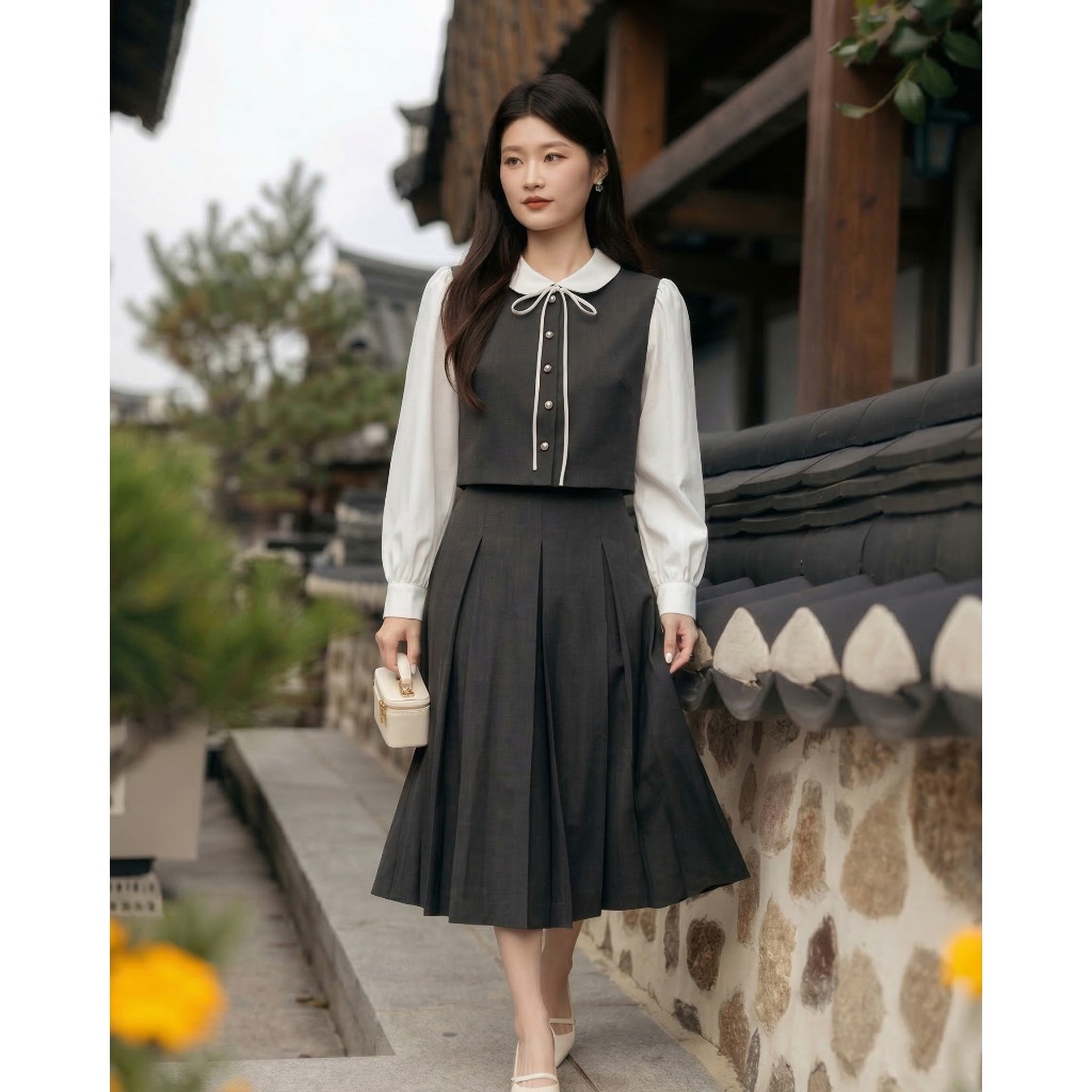 Áo sơ mi thiết kế gile phối tay bồng, áo kiểu nữ dáng lửng đính cúc nơ tiểu thư Linly Store A-SM24 | BigBuy360 - bigbuy360.vn