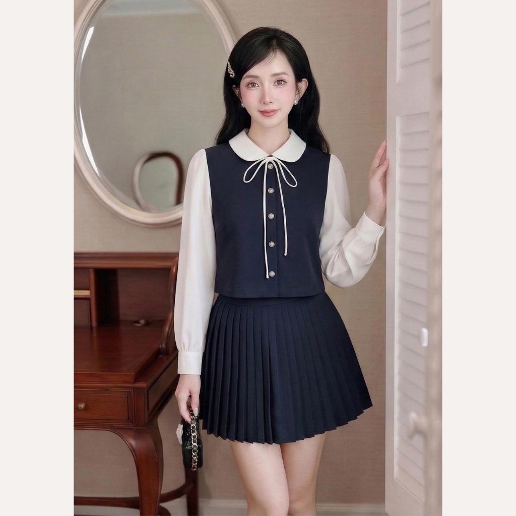 Áo sơ mi thiết kế gile phối tay bồng, áo kiểu nữ dáng lửng đính cúc nơ tiểu thư Linly Store A-SM24 | BigBuy360 - bigbuy360.vn