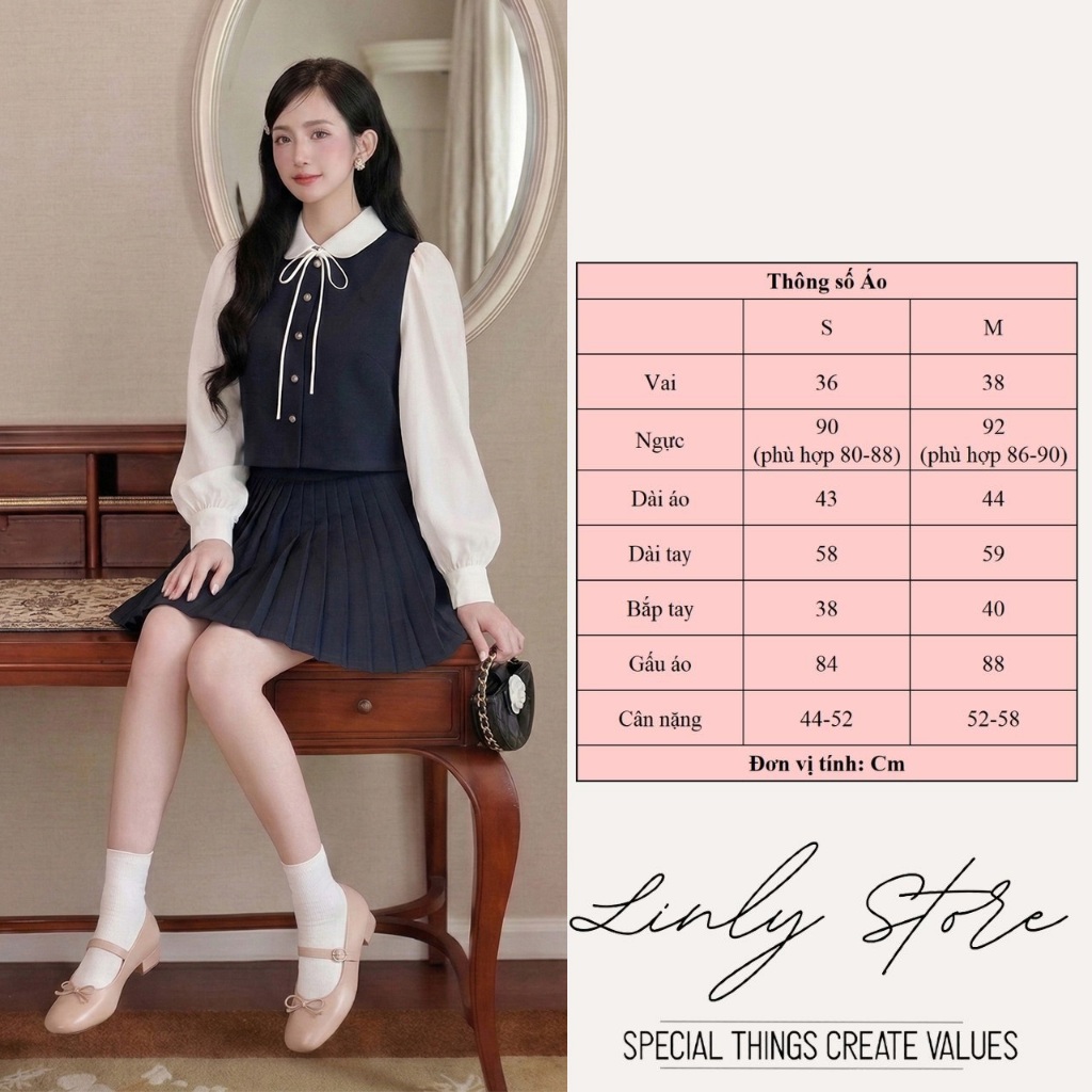 Áo sơ mi thiết kế gile phối tay bồng, áo kiểu nữ dáng lửng đính cúc nơ tiểu thư Linly Store A-SM24 | BigBuy360 - bigbuy360.vn