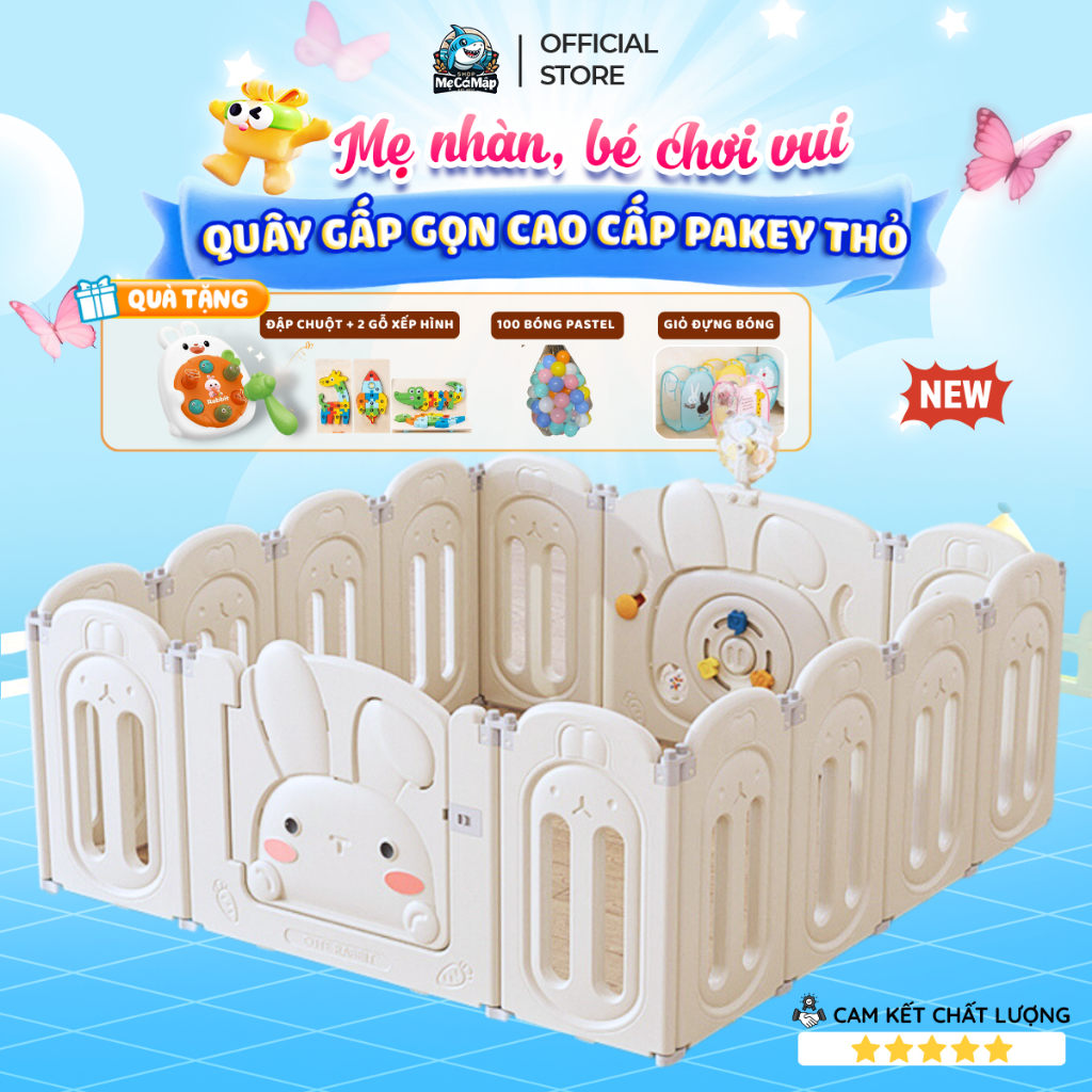 Quây Cũi Nhựa Gấp Gọn Pakey Thỏ TẶNG 100 BÓNG, Quây Nhựa Cho Bé Cao Cấp Kết Hợp 2 Đế Chắc Chắn