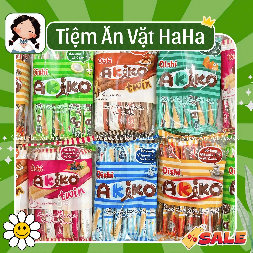 Bánh Que Akiko Oishi Đủ Vị, Snack Que Nhân Kem, Snack Que Akiko Chính Hãng