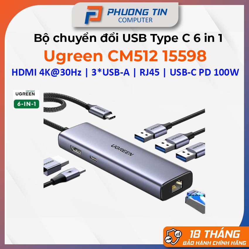 Hub USB Type C 6 in 1 Ugreen CM512 15598 (USB 3.0/ Lan 1Gbps/ HDMI 4K@30Hz/ PD 100W) bảo hành 18 thá
