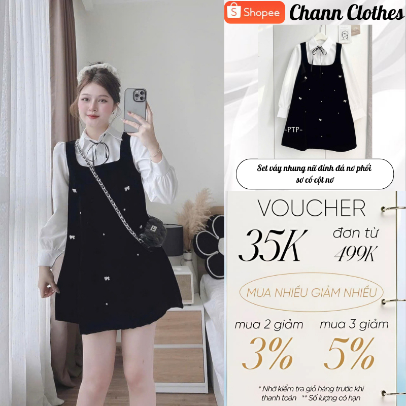 Set váy nhung nữ đính đá nơ phối sơ cổ cột nơ phong cách tiểu thư nhẹ nhàng Chann Clothes HCOM3619