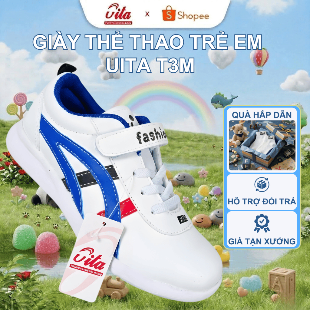 [CHÂN TRÒN TĂNG SIZE] Giày thể thao bé trai, giày cho bé gái UITA quai dán, da chống thấm nước, đế nhẹ êm T3M