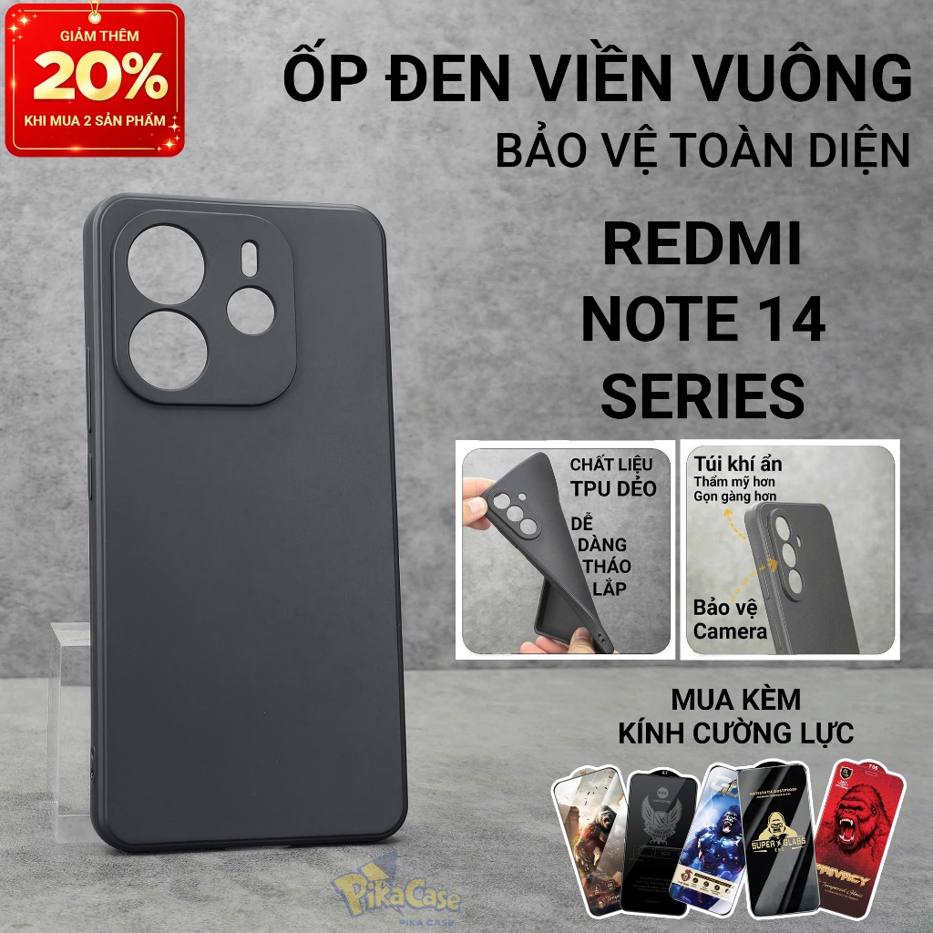 Ốp lưng Redmi Note 14, Note 14 Pro 4G/5G Plus Pikacase trơn màu đen | Ốp điện thoại Xiaomi dẻo bảo v