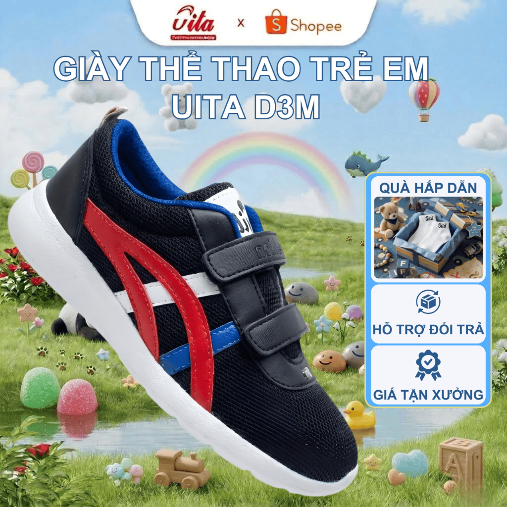 [CHÂN TRÒN TĂNG SIZE] Giày thể thao bé trai, giày cho bé gái UITA quai dán sọc 3 màu, thoáng khí, đế nhẹ D3M