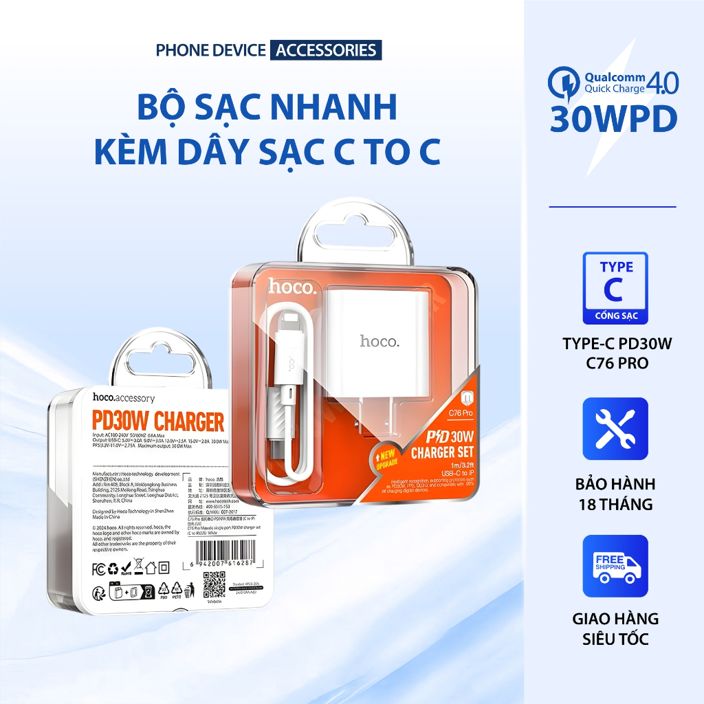 Sạc Nhanh Type-C PD30W C76 Pro - Kèm Dây Sạc C To L Dài 1m, Bảo Hành 1 Năm