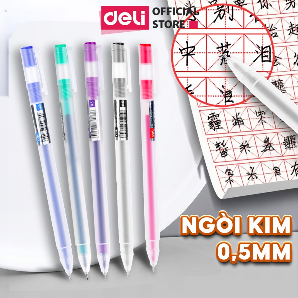 Combo 5 Bút Mực Gel Bi Nước Văn Phòng Màu Đen Xanh Đỏ Tím Xanh Lá Deli Ngòi 0.5mm Nét Mảnh
