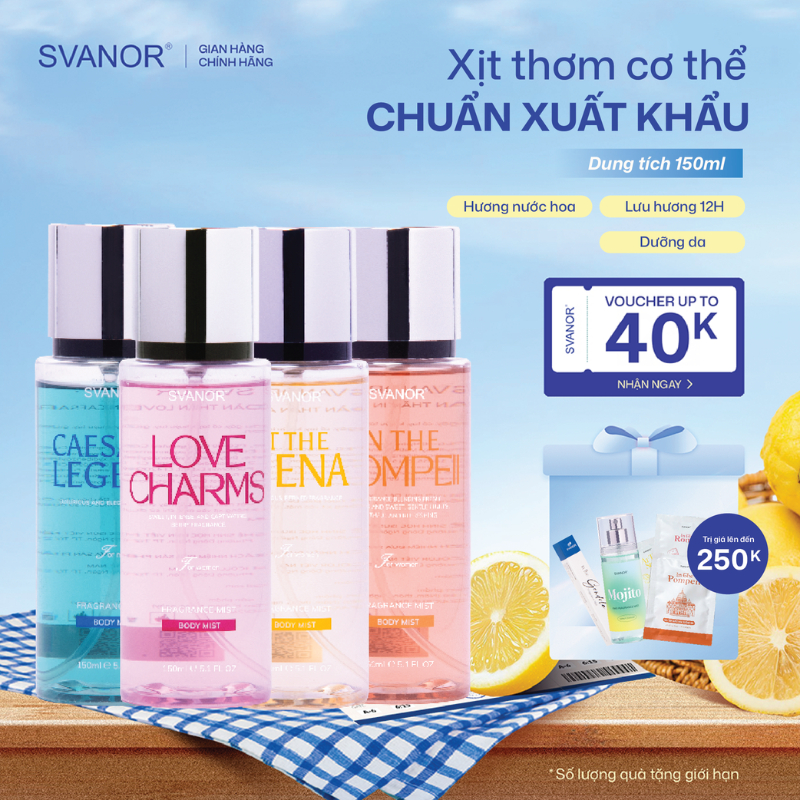 Xịt thơm cơ thể chuẩn xuất khẩu Svanor  body mist dưỡng da 150ml hương nước hoa khử mùi thơm lâu