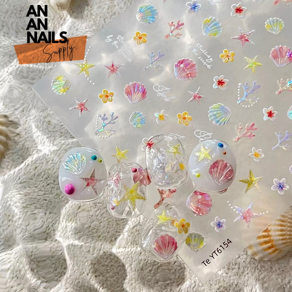 Sticker Sao Biển Sò ,Hoa Sứ mùa hè lấp lánh Yitu 6154 | Hình dán móng An An nail