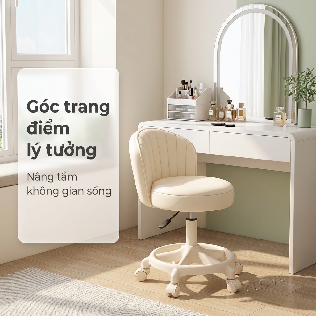 ALOVE Ghế trang điểm phong cách kem ghế xoay nâng hạ có bánh xe ghế làm móng ghế tựa lưng phòng ngủ | BigBuy360 - bigbuy360.vn