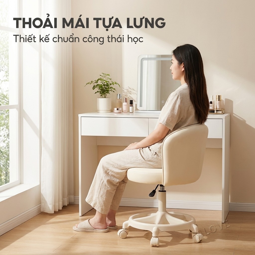 ALOVE Ghế trang điểm phong cách kem ghế xoay nâng hạ có bánh xe ghế làm móng ghế tựa lưng phòng ngủ | BigBuy360 - bigbuy360.vn