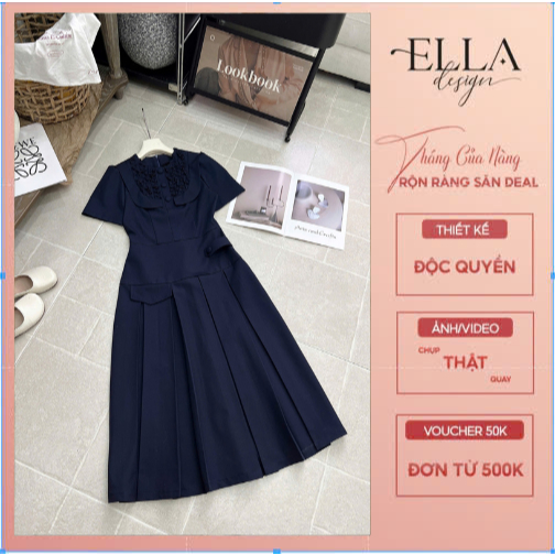 Váy Đầm Thiết Kế Ella Desgin cho nữ kiểu dáng midi, cổ tròn dúm bèo, tay ngắn phù hợp mặc đi làm,đi 