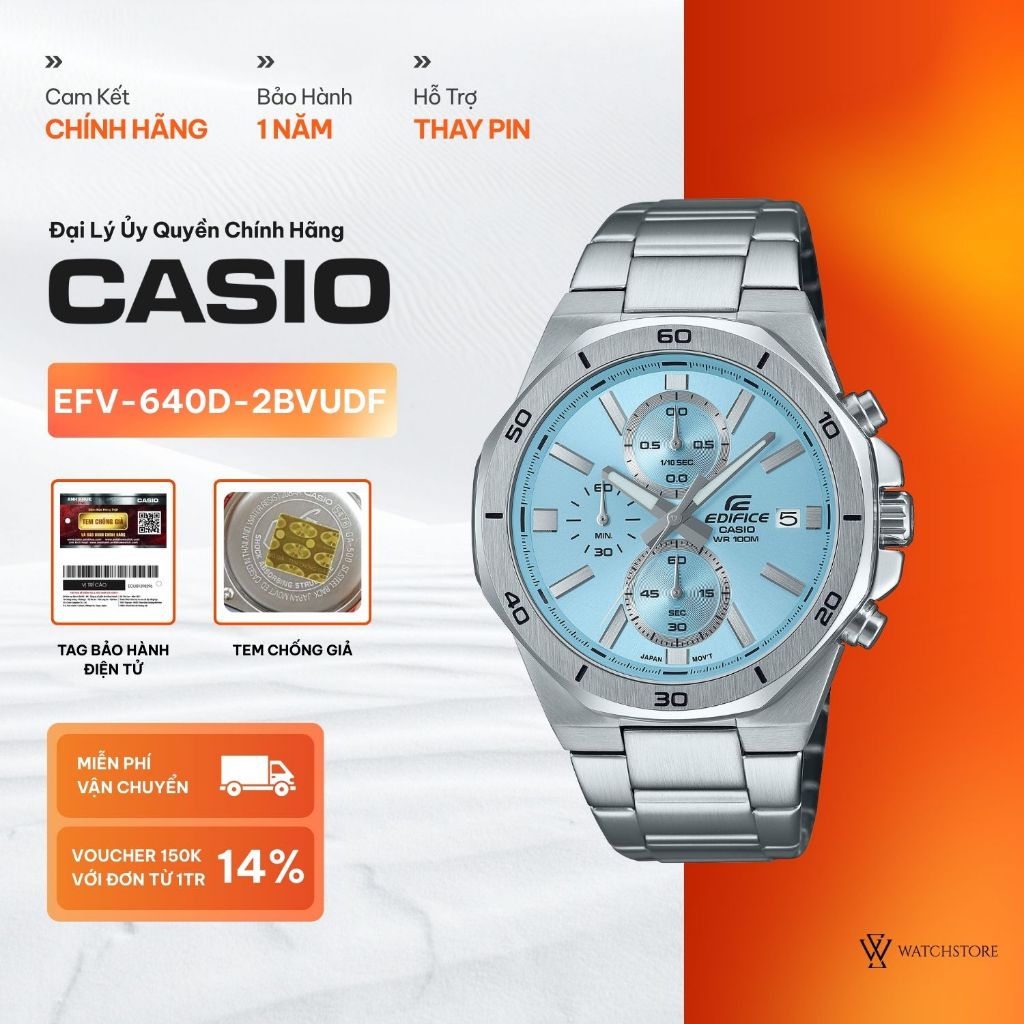 Đồng Hồ Nam Casio EFV-640D-2BVUDF 6 Kim Màu Xanh Mặt Kính Khoáng 44.3mm Chống Nước Dây Đeo Kim Loại 