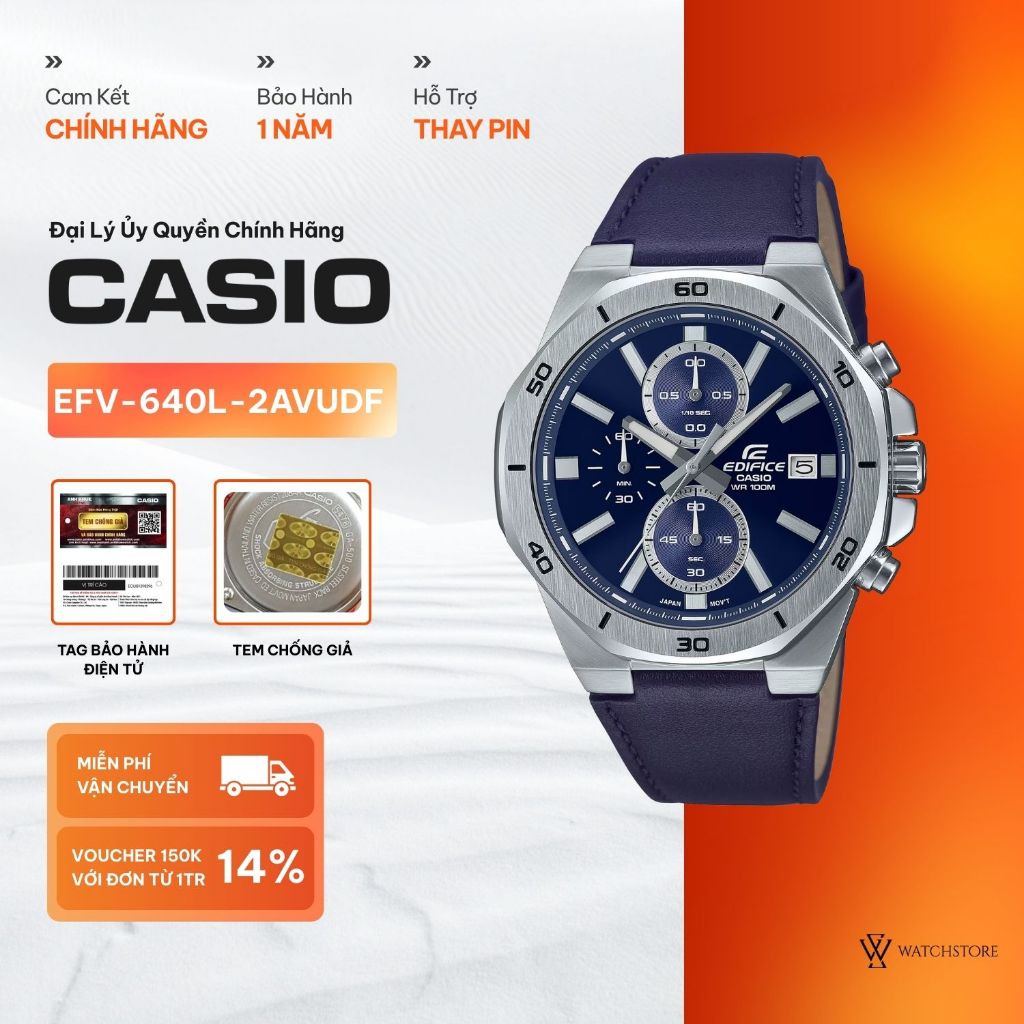 Đồng Hồ Nam Casio EFV-640L-2AVUDF 6 Kim Màu Xanh Mặt Kính Khoáng 44.3mm Chống Nước Dây Da Chính Hãng