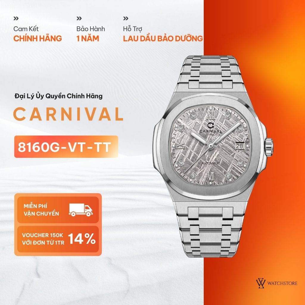 Đồng Hồ Cơ Nam Carnival 8160G-VT-TT Thiên Thạch Màu Xám Bạc Ánh Kim Dây Kim Loại Mặt Kính Sapphire 4